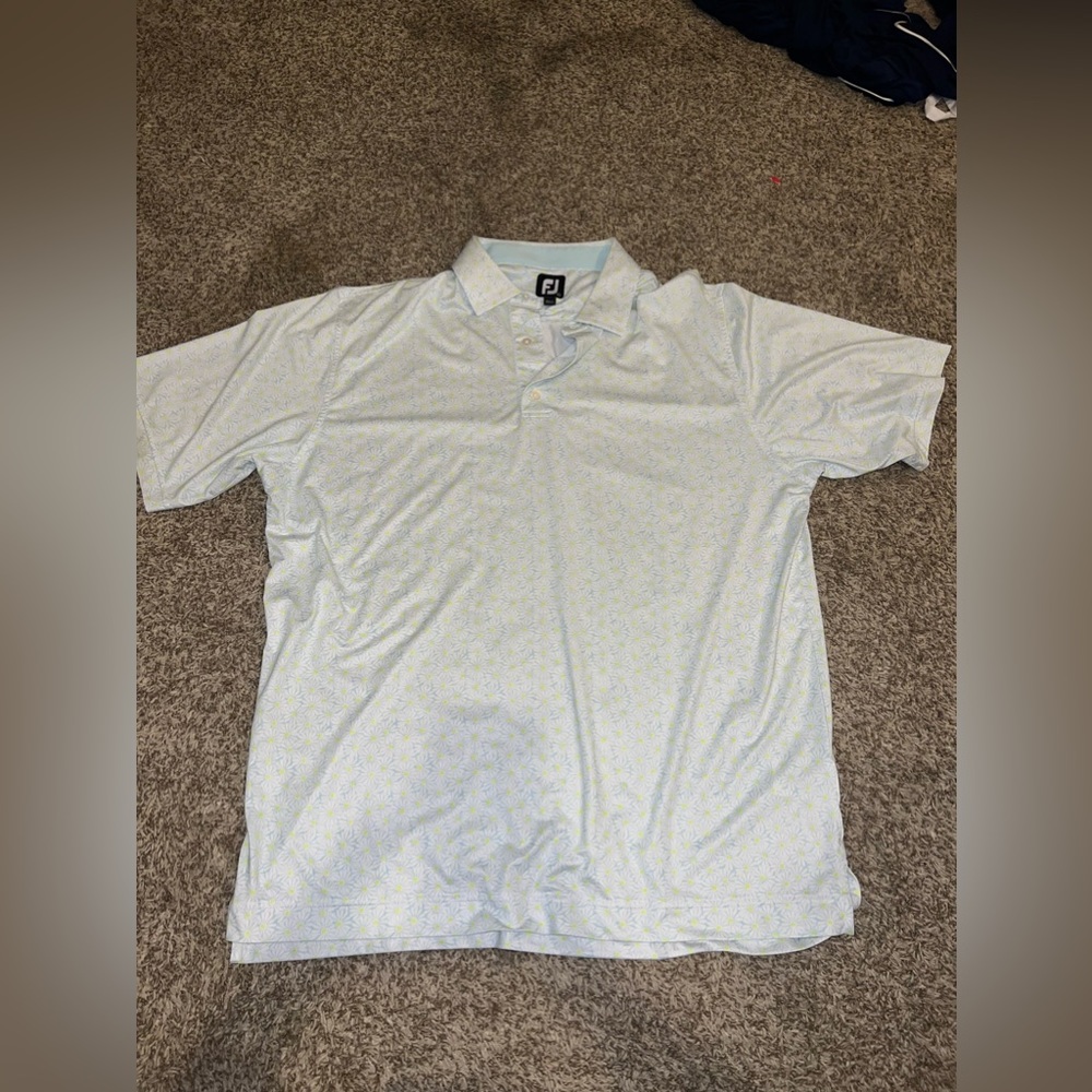FootJoy men's gold polo. Green and blue flower pattern